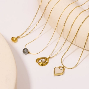 French luxury gold plated stainless steel necklaces with heart and pearl pendants set