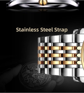 Detail of two-tone stainless steel watch strap with polished five-link design