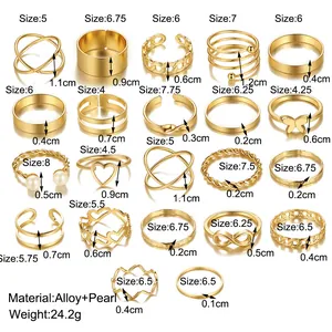 Detailed size specifications for 21-piece alloy butterfly and leaf knuckle ring set