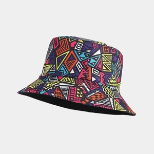 Close-up of geometric pattern and high-saturation colors on a summer bucket hat