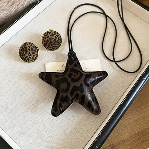 Leopard print leather star pendant necklace and round earring jewelry set