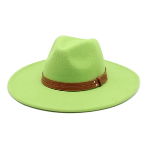 Detailed close-up of lime green wool fedora hat with brown faux leather buckled band