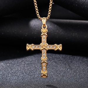 Hip-hop style gold-plated stainless steel cross pendant necklace with sparkling zircons