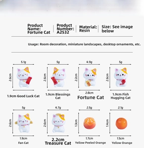 Detailed view of six miniature resin lucky cats and oranges for micro landscape decor