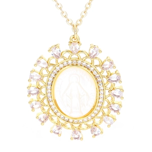 Golden Virgin Mary necklace with white zircon and pink teardrop stones on white background