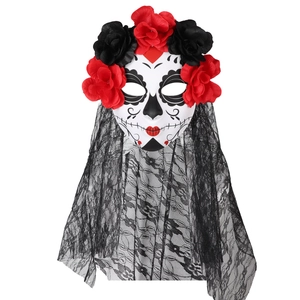 Day Of The Dead Sugar Skull Mask With Artificial Rose And Black Lace Veil Halloween Cosplay Party Prop For Adults