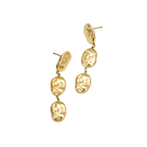 Chic geometric hammered gold drop earrings with a modern three-tier irregular lava texture