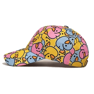 Detail of multi-colored baseball cap featuring yellow duck prints and twill fabric texture