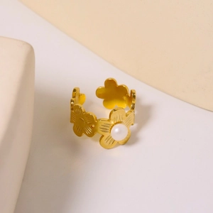 Elegant gold flower ring with pearl accent and adjustable open design for women