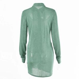 Detailed back view of green long sleeve shirt dress featuring ribbed sheer fabric and collar