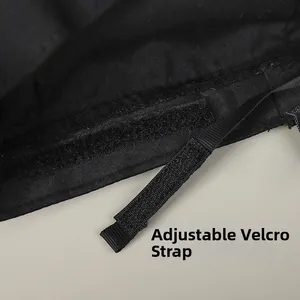Detail of adjustable velcro strap inside black linen bucket hat for custom fit sizing