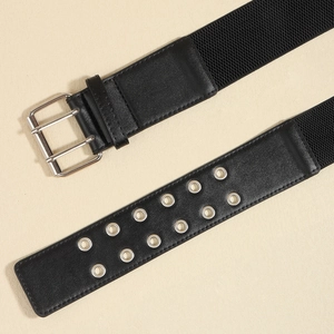 Women's black elastic waist belt with silver double prong buckle and eyelet details