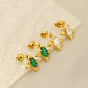 Star Stud Earrings 18K Gold Plated Stainless Steel With Marquise Zircon In Emerald Green And White Geometric Vintage Jewelry For Women