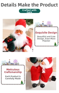 Dettaglio di Babbo Natale in velluto rosso con occhiali dorati e sacco regalo verde