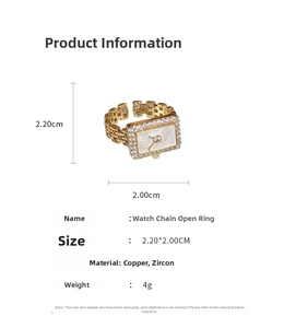 Detailed view of gold watch link chain ring with zircon inlay and sizing measurements