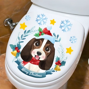 Detail of Christmas toilet lid sticker featuring a cute beagle dog in festive attire