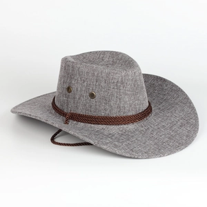 Cappello da cowboy in lino grigio con nastro intrecciato marrone e cordino per il sole