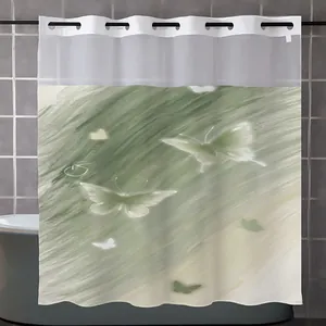 Detail of waterproof butterfly print shower curtain with semi-transparent mesh top