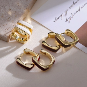 Square enamel hoop earrings in gold plating with white, brown, and burgundy colors