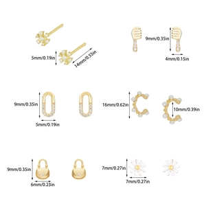 Gold stud earring set with pearl and crystal charms showing dimensions in inches and mm