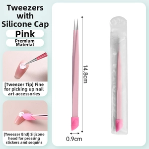 Pink dual-use nail tweezers with silicone head for picking and pressing nail stickers