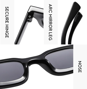 Detail view of secure hinges and curved legs on black square punk sunglasses
