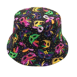 Retro reversible bucket hat with colorful carnival mask print and golden polka dots