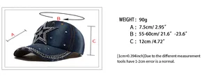 Size chart showing dimensions for denim baseball cap with rhinestone star and vintage design