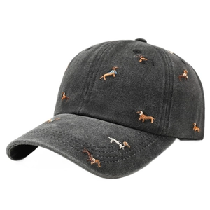 Vintage dark grey washed cotton baseball cap with colorful dachshund dog embroidery