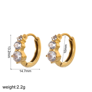 Golden geometric stainless steel hoop earrings with three cubic zirconia stones