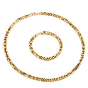 Golden stainless steel Cuban link chain necklace and bracelet set in a circular layout