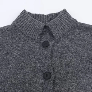 Women's grey mock neck knit cardigan jacket with metallic threads and black buttons