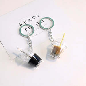 Creative bubble tea and coffee cup keychains with silver chains and straw detail