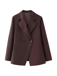 Detailed view of chocolate brown double-breasted blazer with lapels and pocket design