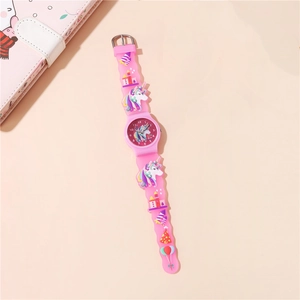 Detail of pink silicone 3D unicorn strap and watch face with castle and balloon relief