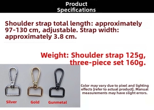 Crossbody phone strap details showing adjustable 97-130cm length and 3.8cm width specs
