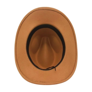 Overhead view of tan felt western fedora showing interior sweatband and wide brim
