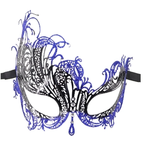 Venetian masquerade mask in blue and black metal cutout with rhinestones and sequins