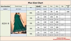 Size guide table for plus size chiffon dress showing lengths from 0XL to 4XL measurements