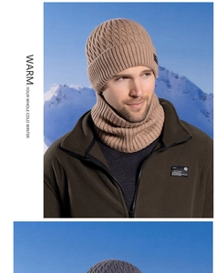 Close-up of cable knit winter hat and neck warmer set with warm fleece lining
