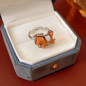 Retro Rocking Horse Ring Wood And Copper With Cubic Zirconia Adjustable Open Fashion Jewelry For Women