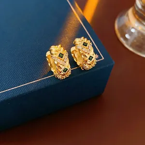 Vintage Gold Hoop Earrings With Green Zircon And Steel Earring Post Braided Retro Luxury Jewelry For Women