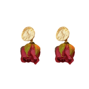 Elegant preserved red rose earrings with vintage gold metal disc and silver needle studs