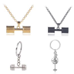 Fitness Dumbbell Pendant Necklace For Men Women Alloy Barbell Gym Strength Training Jewelry Gift With Metal Chain Black Gold Silver
