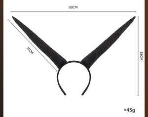 Detail of black ox horn headband with dimensions 58x38cm and 43g weight for cosplay