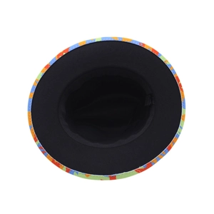 Detail view of colorful graffiti fedora hat showing inner black lining and brim stitching