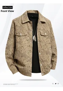 Detail of coffee brown corduroy jacket featuring leaf print and chest flap pockets
