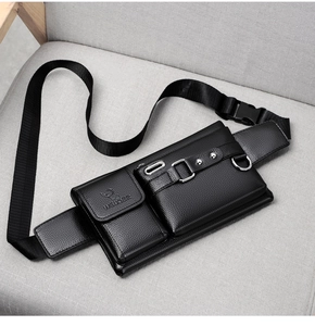 Men's black PU leather chest bag with multi-pocket design and adjustable strap