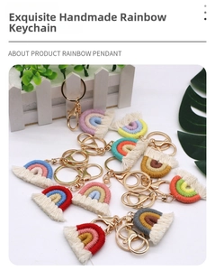 Macro detail of various colorful handmade cotton rope rainbow tassels with gold metal clasps