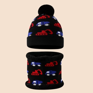 Detail showing the thick fleece lining of the boys' winter knit hat and scarf set